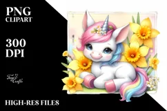 Baby Unicorn with Daffodil Frame Watercolor Clipart Product Image 3