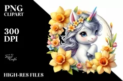 Baby Unicorn with Daffodil Frame Watercolor Clipart Product Image 1