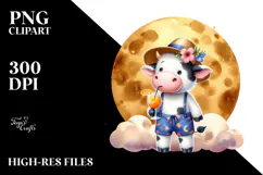 Cow in Beachwear Drinking Cocktail PNG Product Image 2