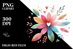 Colorful Watercolor Flower with Hearts PNG Product Image 2