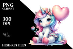Baby Unicorn Holding Heart Balloon PNG Product Image 2