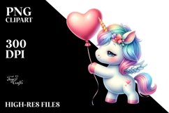 Baby Unicorn Holding Heart Balloon PNG Product Image 1