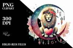 Boho Lion on Moon Holding Heart, Cute PNG Product Image 2