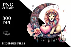 Boho Lion on Moon Holding Heart, Cute PNG Product Image 2