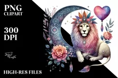 Boho Lion on Moon Holding Heart, Cute PNG Product Image 2