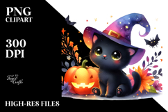 Watercolor Baby Black Cat Halloween Clipart Product Image 2