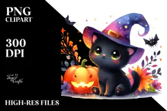 Watercolor Baby Black Cat Halloween Clipart Product Image 2
