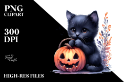 Watercolor Baby Black Cat Halloween Clipart Product Image 2
