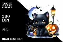 Watercolor Baby Black Cat Halloween Clipart Product Image 1
