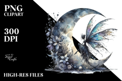 Gothic Fairy on the Moon, Watercolor PNG Product Image 2