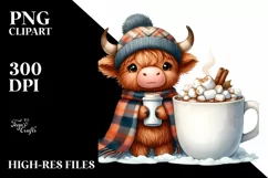 Highland Cow with Hot Cocoa PNG Product Image 1