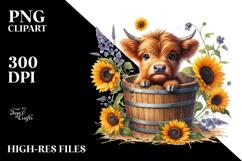 Cute Baby Highland Cow with Sunflower PNG Product Image 2