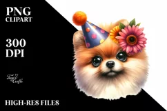 Confused Party Hat Pomeranian Watercolor Big Eyes Clipart Product Image 1