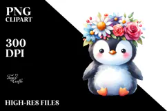 Watercolor Penguin Flower Crown Clipart Product Image 2