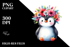 Watercolor Penguin Flower Crown Clipart Product Image 2