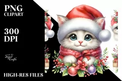 Watercolor Cat Santa Hat PNG Product Image 1