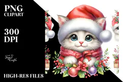 Watercolor Cat Santa Hat PNG Product Image 2