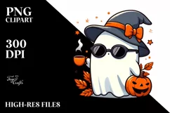 Cute Ghost with Tea and Sunglasses, Simple PNG Product Image 3