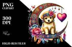 Boho Puppy on Moon Holding Heart, Colorful PNG Product Image 2