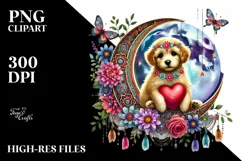 Boho Puppy on Moon Holding Heart, Colorful PNG Product Image 2