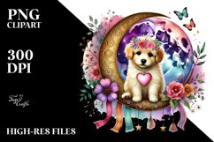 Boho Puppy on Moon Holding Heart, Colorful PNG Product Image 2