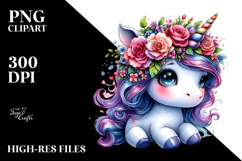 Vibrant Drawing of Unicorn with Floral Wreath PNG Product Image 2