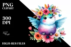 Cartoon-Style Hummingbird with Flower Crown | Watercolor Product Image 3