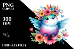 Cartoon-Style Hummingbird with Flower Crown | Watercolor Product Image 2