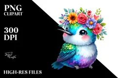 Cartoon-Style Hummingbird with Flower Crown | Watercolor Product Image 2