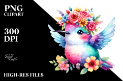 Cartoon-Style Hummingbird with Flower Crown | Watercolor Product Image 2