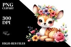 Cartoon-Style Deer with Flower Crown | Watercolor Clipart Product Image 1