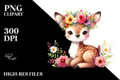Cartoon-Style Deer with Flower Crown | Watercolor Clipart Product Image 2