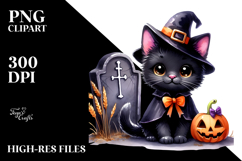 Cute Black Cat for Halloween | Watercolor Clipart Product Image 2