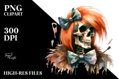 Watercolor Skull with Hair and Bow, Fred Flintstone PNG Product Image 2