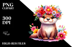 Cartoon-Style Otter with Flower Crown | Watercolor Clipart Product Image 2