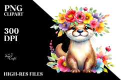Cartoon-Style Otter with Flower Crown | Watercolor Clipart Product Image 2