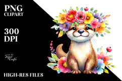 Cartoon-Style Otter with Flower Crown | Watercolor Clipart Product Image 2