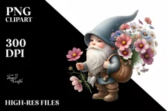Small Gnome Carrying Cosmos Bouquet | Clipart Product Image 3