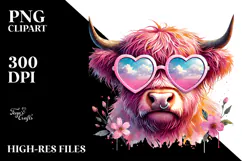 Highland Cow with Heart Shaped Sunglasses PNG Product Image 2