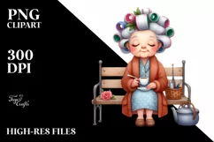 Old Lady Watercolor Character on Bench with Hair Curlers | Product Image 3