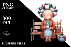 Old Lady Watercolor Character on Bench with Hair Curlers | Product Image 2