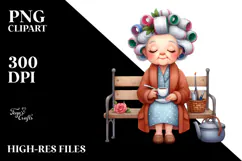 Old Lady Watercolor Character on Bench with Hair Curlers | Product Image 2