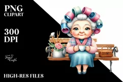 Old Lady Watercolor Character on Bench with Hair Curlers | Product Image 3