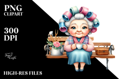 Old Lady Watercolor Character on Bench with Hair Curlers | Product Image 2