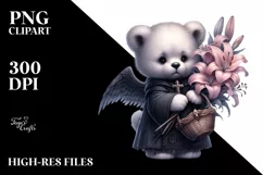 Watercolor Gothic Cute Baby Bear with Flowers Clipart Product Image 3