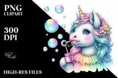Colorful Baby Unicorn Blowing Bubbles PNG Product Image 3