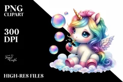 Colorful Baby Unicorn Blowing Bubbles PNG Product Image 3