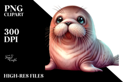 Cute Baby Walrus with Cosmos, PNG Product Image 2