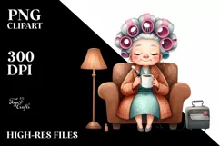 Old Lady Watercolor Character on Sofa with Hair Curlers | Product Image 1