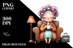 Old Lady Watercolor Character on Sofa with Hair Curlers | Product Image 2